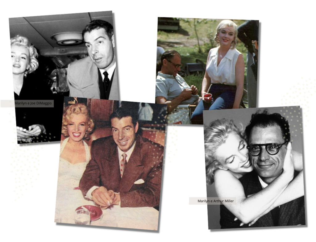 Na esquerda, Marilyn e Joe DiMaggio. Na direita, Marilyn e Arthur Miller